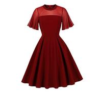 Wellwits Women's Flowy Sheer Sleeves Mesh Illusion Vintage Cocktail Dress Wine Red L