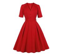 Wellwits Women's Half Sleeves Ruched V Neck Work Cocktail Vintage Dress Red S