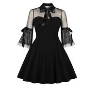 Wellwits Women's Keyhole Mesh Bell Sleeve Vintage Skater Dress Black M