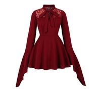 Wellwits Women's Lace Insert Gothic Bell Sleeves Vintage Dress Medieval Red 2XL