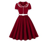 Wellwits Women's Lace Trim Embroidery Collar Vintage Dress Cocktail Wine Red S