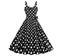 Wellwits Women's Lapel Polka Dots Shirred Strap Vintage Formal Dress Black S