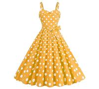 Wellwits Women's Lapel Polka Dots Strap 1950s Vintage Cocktail Dress Yellow M