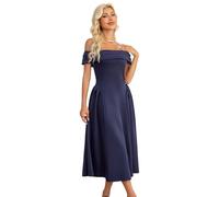 Wellwits Women's Off Shoulder Pleated Vintage Midi Cocktail Formal Dress Navy 2XL