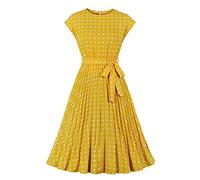 Wellwits Women's Pleated 40s 50s Vintage Dress Yellow Polka Dots S