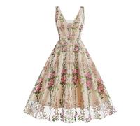 Wellwits Women's Plunge V Neck Floral Embroidery Mesh Forest Princess Cocktail Formal Evening Vintage Dress Pink Apricot XL