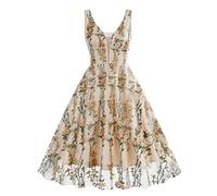 Wellwits Women's Plunge V Neck Floral Embroidery Mesh Homecoming Ball Cocktail Formal Evening Vintage Dress Green Apricot M
