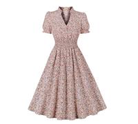 Wellwits Women's Plus Size V Neck Shirred Ditsy Floral Vintage Dress Pink 2XL