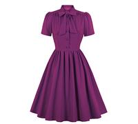Wellwits Women's Purple Button up Tie Neck 1950s Vintage Cocktail Dress XL