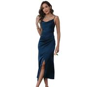 Wellwits Women's Satin Spaghetti Strap Cowl Neck Drape Formal Dress Blue S