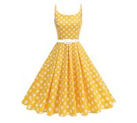 Wellwits Women's Spaghetti Strap Polka Dot Fit and Flare Pleated Vintage Cocktail Dress Yellow 2XL