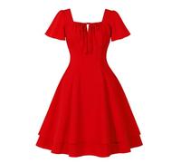 Wellwits Women's Square Neck Bow Ruched Layer Vintage Party Dress Christmas Red L