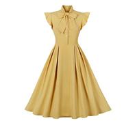 Wellwits Women's Tie Neck Ruffle Sleeves Cocktail Work Vintage Dress Yellow L