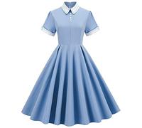 Wellwits Women's White Emboridery Collar Solid Formal Vintage Dress Blue L