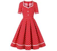 Wellwits Women's White Trim Polka Dots 1950s Vintage Cocktail Dress Romantic Red M