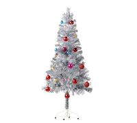 Wellwood 5 ft Tinsel Christmas Tree with 24ct Assorted Ornament Set, Metal Stand, Easy Assembly - Silver