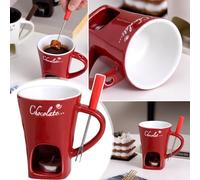 WELLXUNK Chocolate Fondue Mug Set, 200 ml Ceramic Chocolate Fondue Cup, Red Chocolate Fondue Cup with Fork and Tea Light, Multi-Purpose Chocolate Fondue Set for Cheese Chocolate Butter Caramel