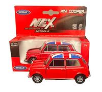 Welly Mini Cooper Model (Red) with Union Jack Top Made of Die Cast Metal and Plastic Parts, Pull Back & Go Action Toy