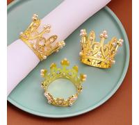 WELLYUK 6 PCS Gold Crown Rhinestone Pearl Napkin Rings, Tiara Napkin Serviette Holder Buckles Cupcake Cake Toppers for Wedding Festival Holiday Party Dining Table Home Decor