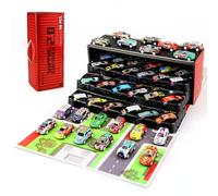 Welmay 60Pcs Pull Back Cars Toys for Kids, Toy Car Storage with Organizer Box & Play Mat, Collapsible Mini Toy Car Garage Parking Lot, Small Play Car Set for Boy & Girl Aged 3+ Party Birthday Gifts