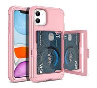 WeLoveCase iPhone 11 Wallet Case for Women, Men Defender Credit Card Holder Cover with Hidden Mirror Three Layer Shockproof Heavy Duty Protection All-Round Armor Protective Case for iPhone 11 Pink