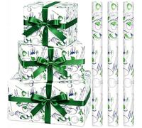 Welpurch 3 Rolls Golf Mini Wrapping Paper Rolls - 42.5sqft (17 x 120inch per roll) Green Silver Foil Golf Themed Patterns Wrapping Paper Roll for Father Day Gift Wrapping DIY Gft for Daddy