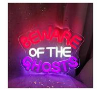 WELSAA Hanging Art Neon Signs Beware of Ghosts Neon Sign USB Powered Dimmable Neon Light for Bedroom Bar Party Wall Decoration 22cm×28cm