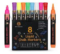 Welsberg Liquid Chalk Markers, Pack of 8 Chalk Pens - 5mm Reversable Bullet Tip, 10 gr Erasable Jumbo Ink, Dry or Wet Erase Markers for Blackboard, Whiteboard, Window, Glass - for School, Office, Home