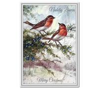 Welsh Christmas Cards - Nadolig Llawen -Merry Xmas Greetings in English & Welsh Bilingual - Robin Redbreast Scene Vintage design - Wishes Language Wales - Blank inside to write own message