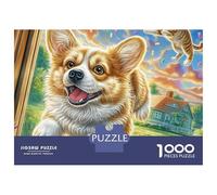 Welsh Corgi 1000 Pieces Sustainable Board Smiling Corgi in Nature Mindfulness Puzzle for Adults Reusable Puzzle Relaxation Activity Premium Quality 38x26cm/1000pcs