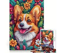 Welsh Corgi in Flowers Jigsaw Puzzle for Adults 1000 Pieces Thought Training Calm Recreation Uniform Cut Festive Present (38x26cm)
