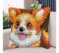 Welsh Corgi Latch Hook Kits Pillow with Printed Canvas DIY Handmade Cushion Crochet Yarn Embroidery Hook and Latch Kit Pillowcase Christmas Decoration 43x43cm