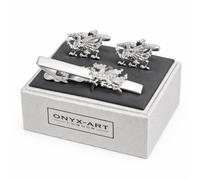 Welsh Dragon Cufflinks and Tie Bar Set, Silver, Gift Boxed, Onyx Art TBC55, In Premier Life Store Box