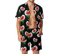 Welsh Dragon Flag with Heart Men's Hawaiian Sets Short Sleeve Beach Shirt And Shorts 2 Piece Outfits