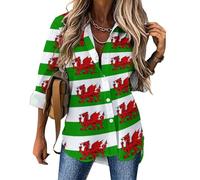 Welsh Dragon Flags Womens Button Down Shirts Casual Blouse Long Sleeve Tunics Top XL