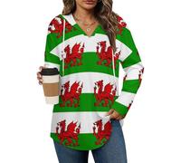 Welsh Dragon Flags Women's Hoodies Pullover Top Casual Shirts Tunic V Neck Sweatshirts