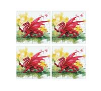Welsh Dragon Glass Coaster Set - Floral Daffodils Patriotic Wales Souvenir - Set of Four (4) Square Drinks Coasters