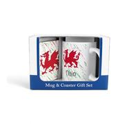 Welsh Dragon Nain Mug & Coaster Gift Set - Wales Souvenir Grandmother Ceramic Cup and Cork Coaster Set - Tea/Coffee Present