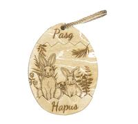 Welsh Easter Wooden Hanging Decoration, Egg-Shaped with Bunnies, Pasg Hapus Design, Laser Engraved