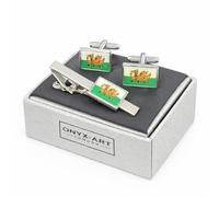 Welsh Flag Cufflinks and Tie Bar Set for Men - Onyx Art TBC20 Green & White Enamel Red Dragon Cuff Links with Matching Tie Clip, Welshman & Rugby Fan Novelty Gift, In Premier Life Packaging