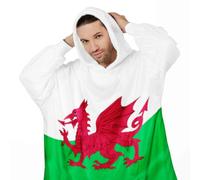Welsh Flag Hoodie Blanket, Cymru Dragon Oversized Wearable Fleece Blanket, Custom Name Cosy Blanket Gift, Patriotic Wales Home Decor for Rugby or Football Fans