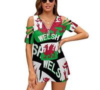 Welsh Flag Women's Cold Shoulder Blouse Tops Short Sleeve V Neck T Shirts Casual Shirts Dress XL