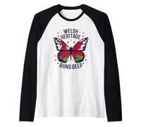 Welsh Heritage Runs Deep Welsh Flag Butterfly Wales Flag Art Raglan Baseball Tee