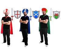 WELSH SUPPORTERS INFLATABLE SET. GREEN KNIGHT'S CAPE + WELSH FLAG COLOURS WIG + INFLATABLE SWORD AND WELSH SHIELD - PERFECT FOR WORLD CUP COSTUMES, FOOTBALL AND OTHER EVENTS - ONE SIZE FITS MOST