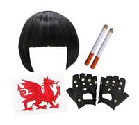 Welsh TV Character Costume - Black Bob Wig, Welsh Dragon Tattoo, Black Studded Gloves and 2 Fake Cigarettes - Adults TV Character Fancy Dress Costume