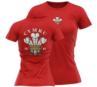 Welsh Womens Rugby T Shirt 1881 Cymru Feathers Badge Wales Ladies Tee, L, Red