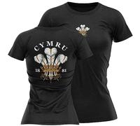 Welsh Womens Rugby T Shirt 1881 Cymru Feathers Badge Wales Ladies Tee, XXL, Black