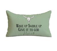 Welshower Rustic Western Christian Pillow Covers 12x20, Wake up Saddle Up Give it to God, Proverbs 16:3 Bible Verse Cow Skull Decorative Lumbar Pillow Covers for Bedroom Living Room Home(Green)