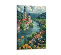 WELTJOKER Rural River House Landscape Painting Poster Attractive View Wall Art Canvas Printings for Room Aesthetic12x18inch(30x45cm) Frame-style
