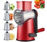 Weltonhm Rotary Cheese Graters with 4 Blades, Hand Crank Cheese Grater with Waffle Slicer, Red, Black and White Cheese Shredder with Suction Base, Easier for Shredding & Grating (Red, 4 Graters)